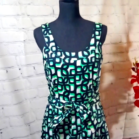 Vintage Slvls SquareNeck mutiPrint MidiDress Greenwhite - Picture 2 of 12